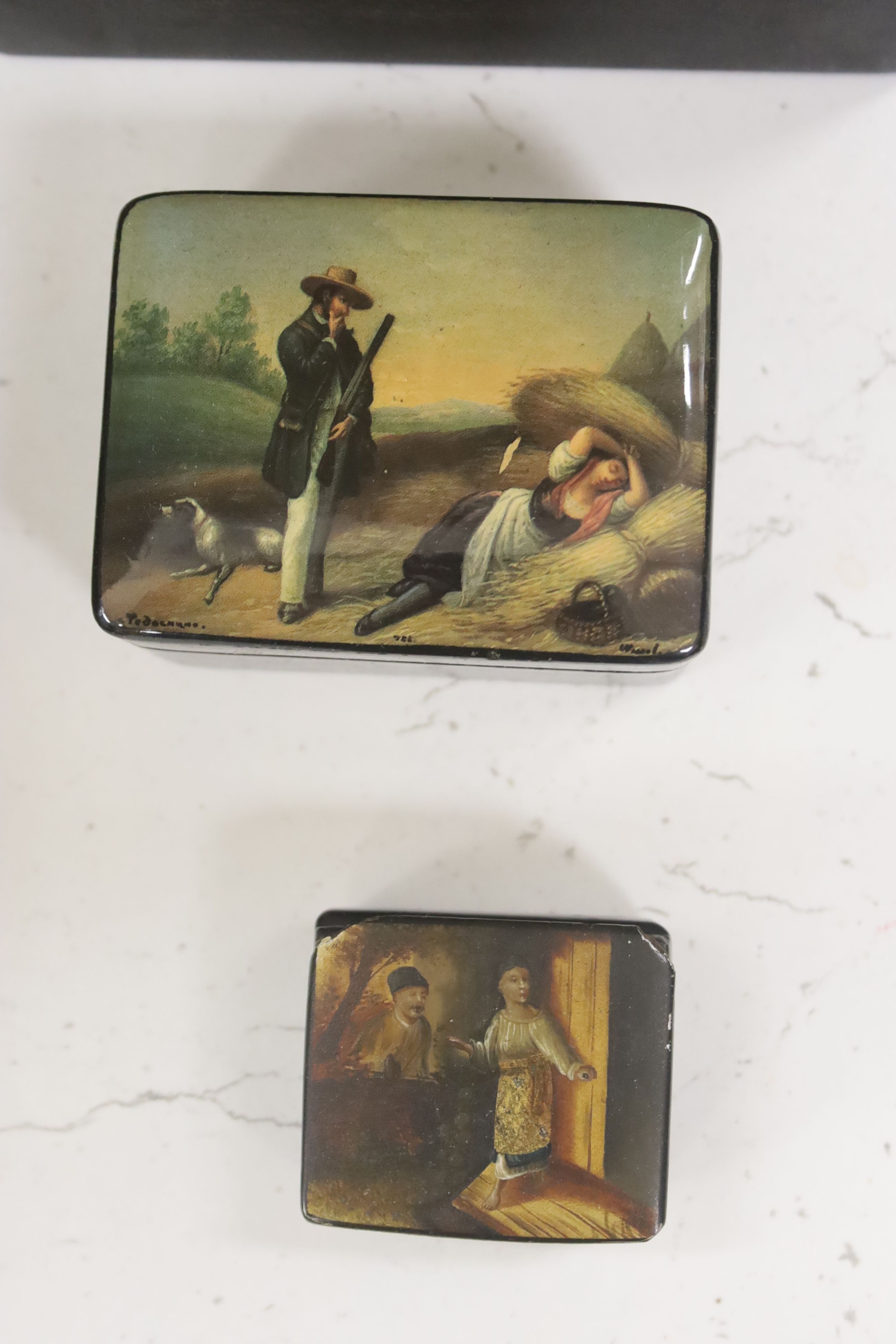 Seven Russian Papier mache boxes, 19th/20th century, large is 16.5 cm wide, with various painted scenes and a portrait miniature